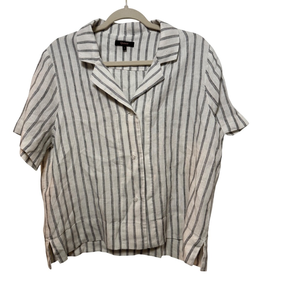Quince 100% European Linen Striped Short Sleeve Camp Collar Shirt Large
